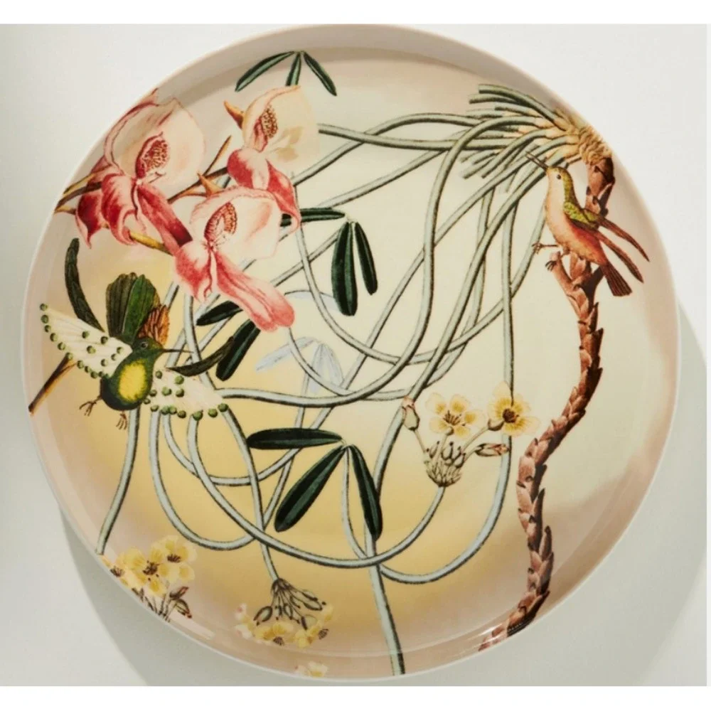 Anthropologie Orchid Dessert Plate Botanical Birds‎ Hummingbird Coral Gorgeous